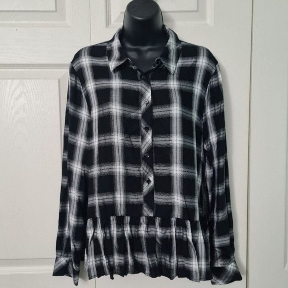Vince Camuto Black White Plaid Peplum Blouse Small Ruffled Button Down Shirt